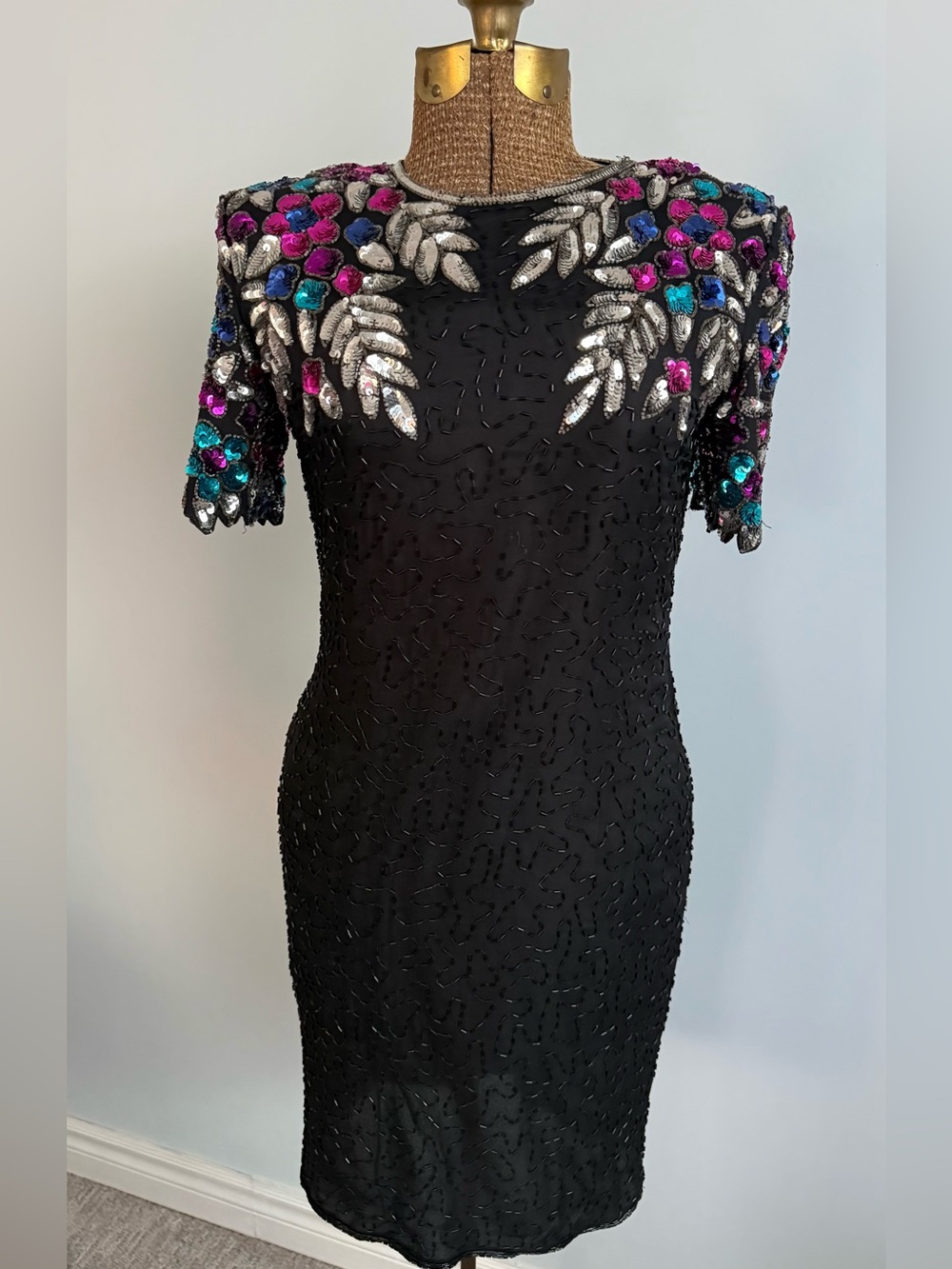 Vintage 1980s Silky Nites New York Beaded Sequin Dress Silk